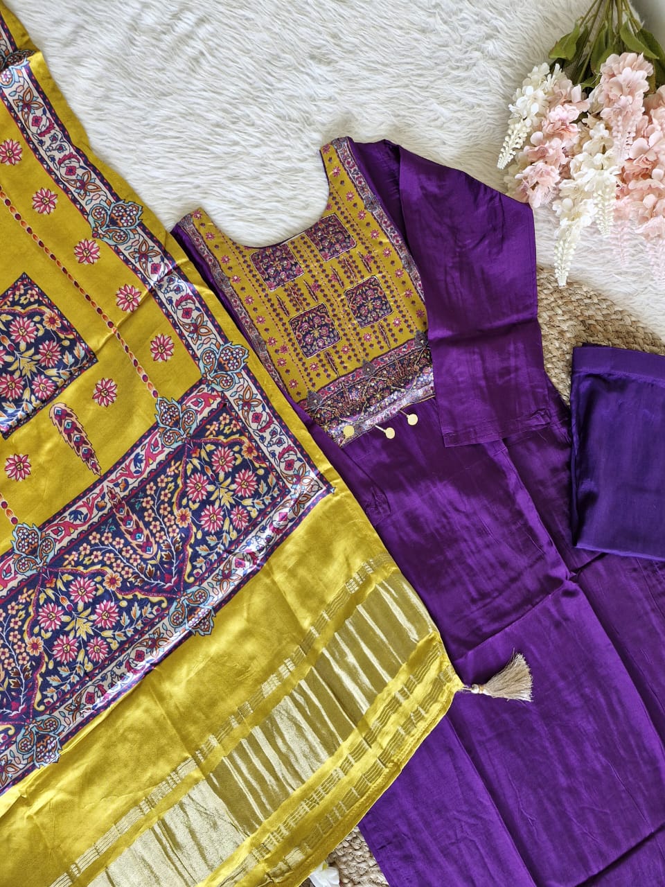 Purple Ghajji Dupatta with Russian Silk Kurta Set
