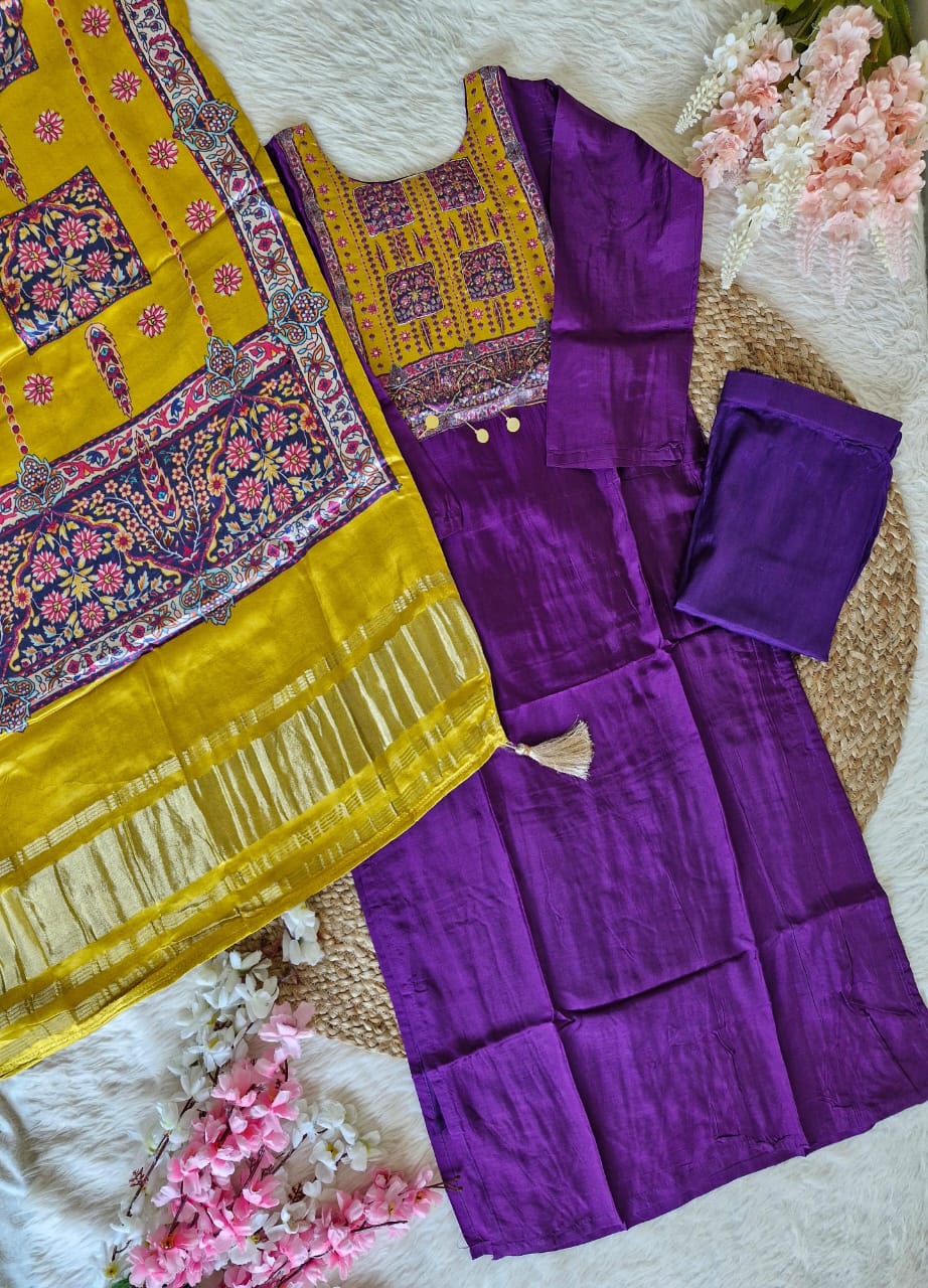 Purple Ghajji Dupatta with Russian Silk Kurta Set