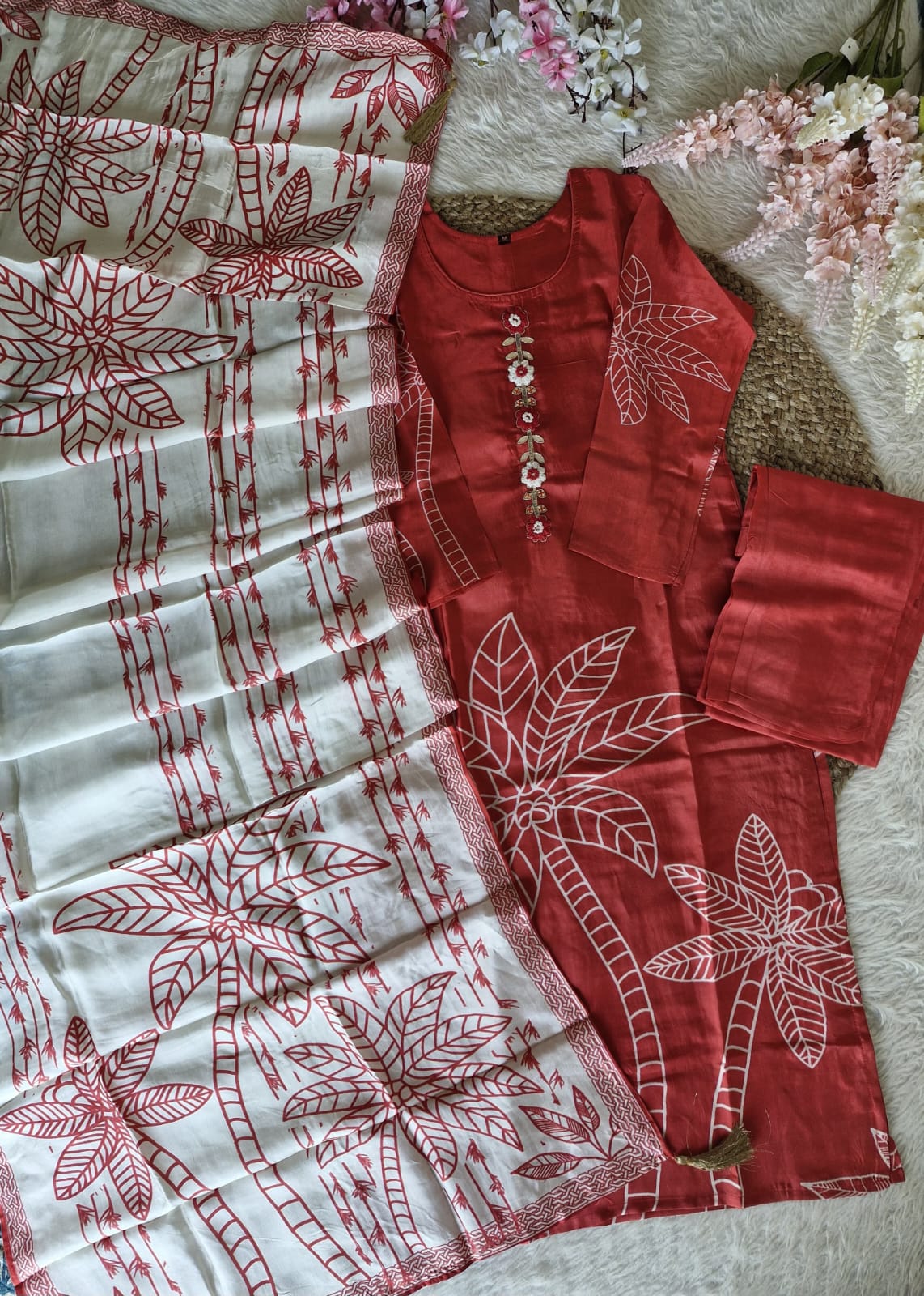 Red Musslin Kurta Set for Women